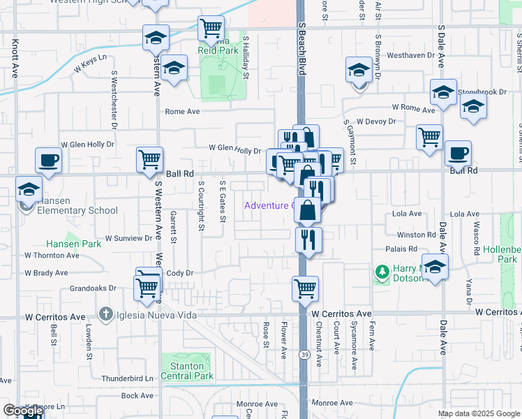 map of restaurants, bars, coffee shops, grocery stores, and more near 3050 West Ball Road in Anaheim