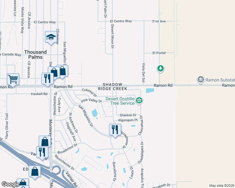 map of restaurants, bars, coffee shops, grocery stores, and more near 32142 Wells Fargo Road in Thousand Palms