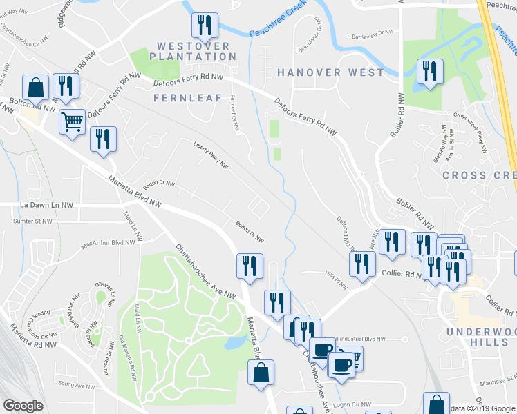 map of restaurants, bars, coffee shops, grocery stores, and more near 3031 Liberty Way Northwest in Atlanta