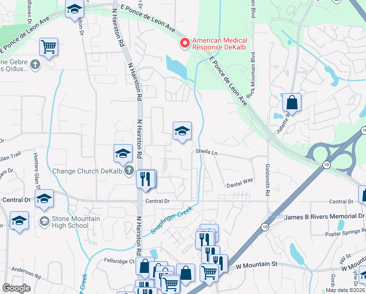 map of restaurants, bars, coffee shops, grocery stores, and more near 4900 Sheila Lane in Stone Mountain