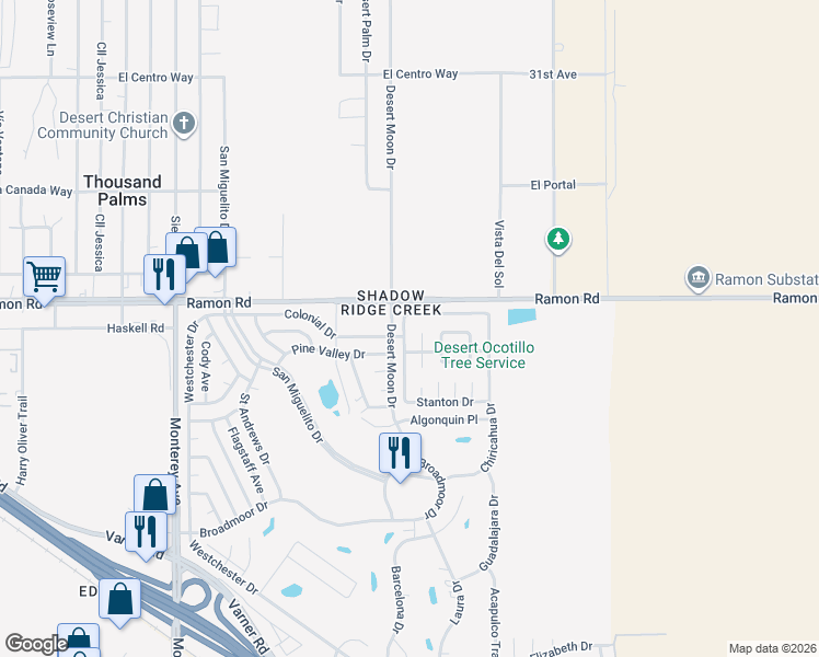 map of restaurants, bars, coffee shops, grocery stores, and more near 73542 Black Eagle Drive in Thousand Palms