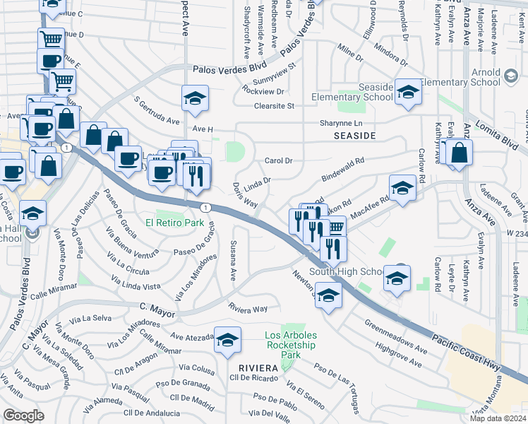 map of restaurants, bars, coffee shops, grocery stores, and more near 23250 Robert Road in Torrance