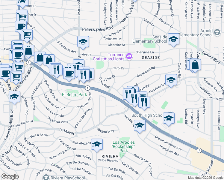 map of restaurants, bars, coffee shops, grocery stores, and more near 23250 Robert Road in Torrance