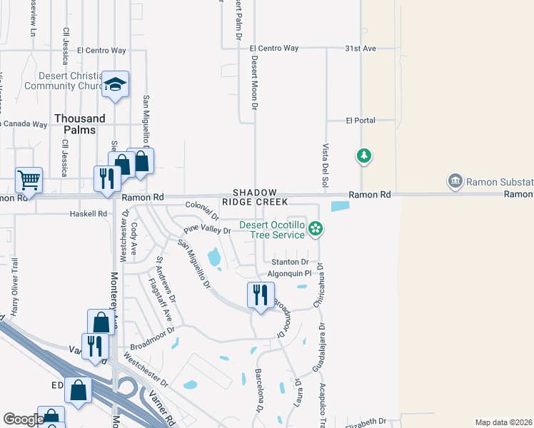 map of restaurants, bars, coffee shops, grocery stores, and more near 32142 Wells Fargo Road in Thousand Palms