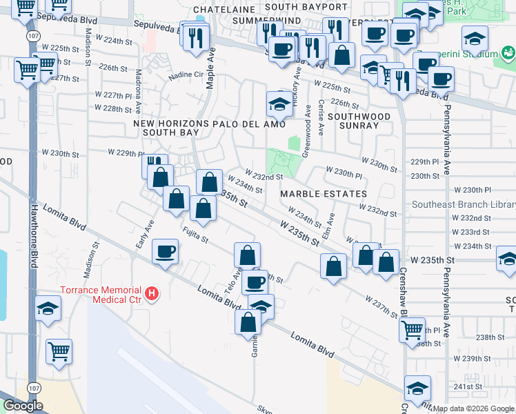 map of restaurants, bars, coffee shops, grocery stores, and more near 2883 West 235th Street in Torrance