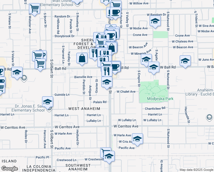 map of restaurants, bars, coffee shops, grocery stores, and more near 10121 Hearth Lane in Anaheim