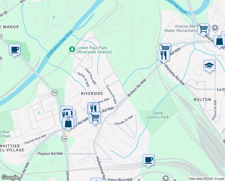 map of restaurants, bars, coffee shops, grocery stores, and more near 2480 Edwards Drive Northwest in Atlanta