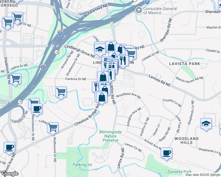 map of restaurants, bars, coffee shops, grocery stores, and more near 2220 Lenox Road Northeast in Atlanta