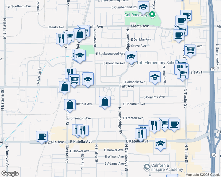 map of restaurants, bars, coffee shops, grocery stores, and more near 700 East Taft Avenue in Orange