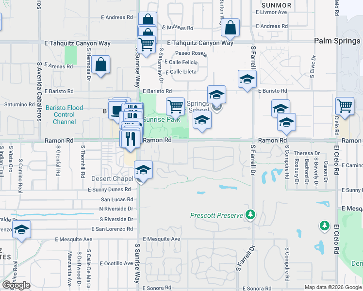 map of restaurants, bars, coffee shops, grocery stores, and more near 2033 Ramon Road in Palm Springs