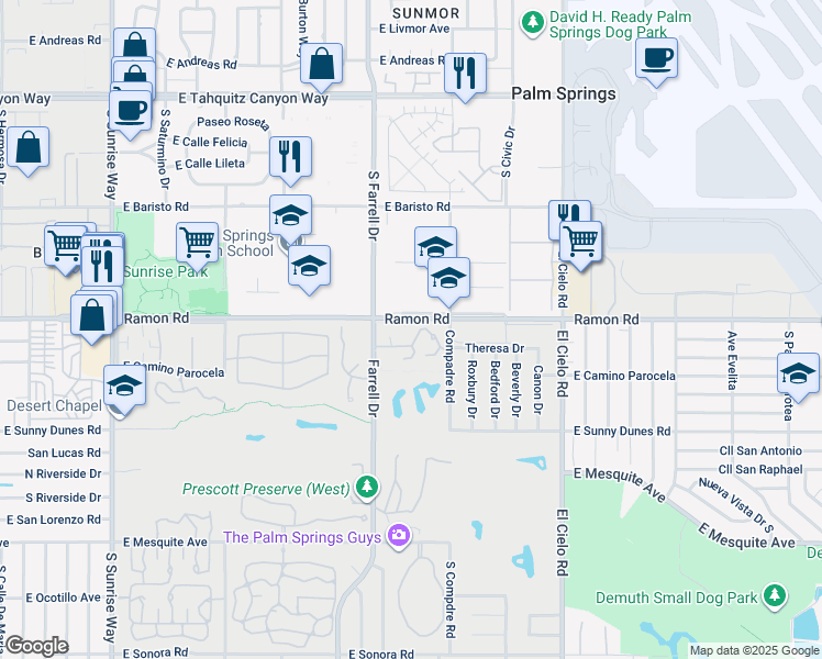 map of restaurants, bars, coffee shops, grocery stores, and more near 500 South Farrell Drive in Palm Springs
