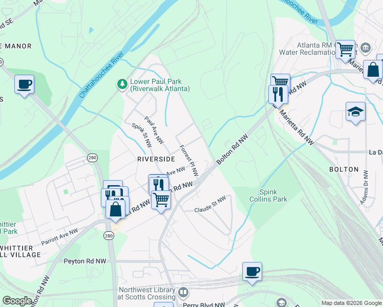 map of restaurants, bars, coffee shops, grocery stores, and more near 2480 Edwards Drive Northwest in Atlanta