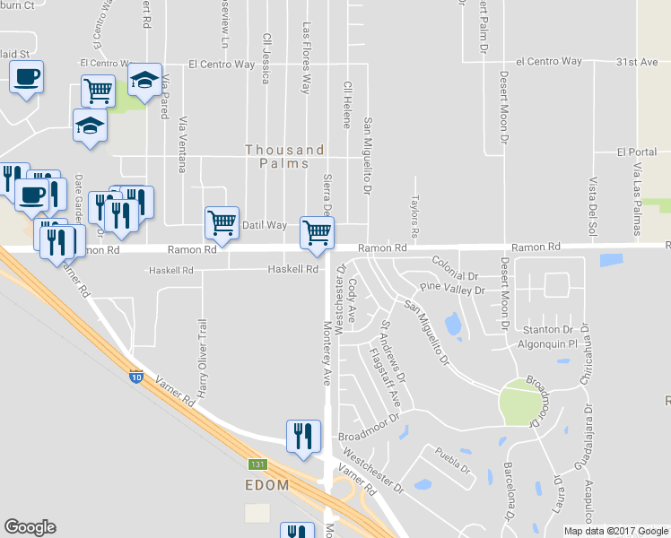 map of restaurants, bars, coffee shops, grocery stores, and more near 32059 Westchester Drive in Thousand Palms