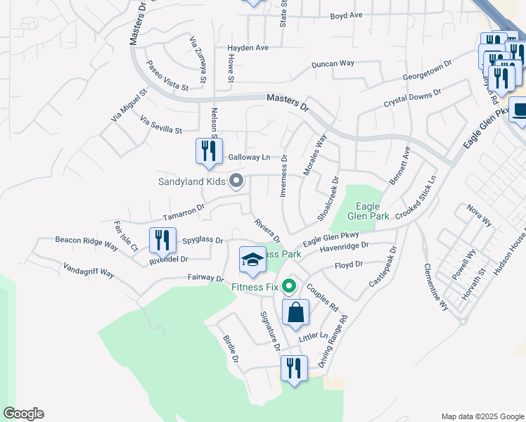 map of restaurants, bars, coffee shops, grocery stores, and more near 4175 Riviera Drive in Corona