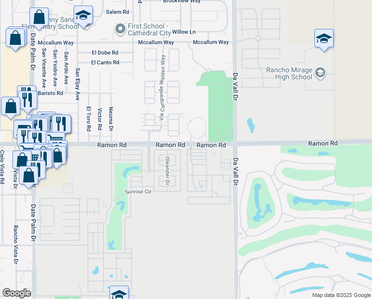 map of restaurants, bars, coffee shops, grocery stores, and more near 69801 Ramon Road in Cathedral City