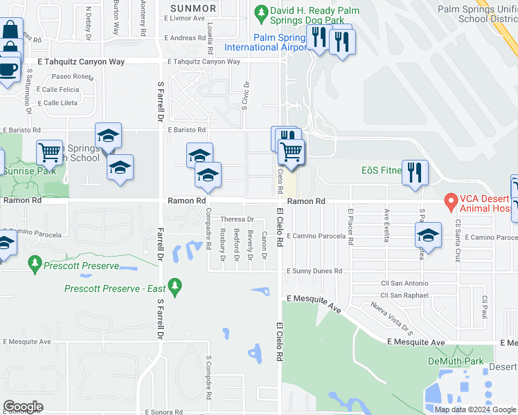 map of restaurants, bars, coffee shops, grocery stores, and more near 3155 Ramon Road in Palm Springs