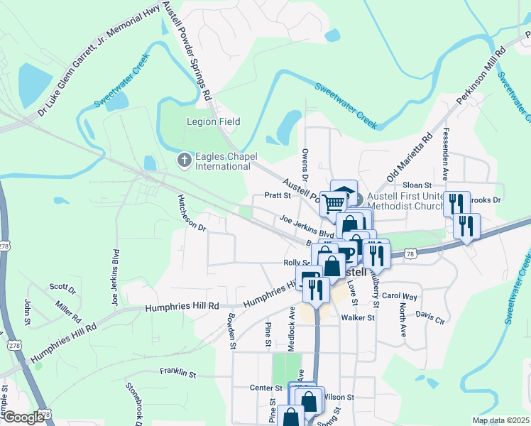 map of restaurants, bars, coffee shops, grocery stores, and more near 2917 Joe Jerkins Boulevard in Austell