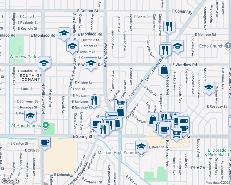 map of restaurants, bars, coffee shops, grocery stores, and more near 3226 Faust Avenue in Long Beach