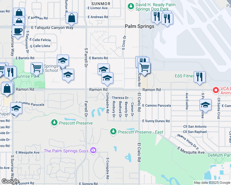 map of restaurants, bars, coffee shops, grocery stores, and more near 3155 Ramon Road in Palm Springs