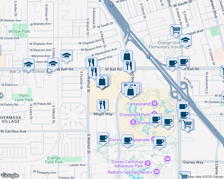 map of restaurants, bars, coffee shops, grocery stores, and more near 1337 Disneyland Dr in Anaheim