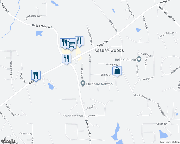 map of restaurants, bars, coffee shops, grocery stores, and more near 41 Jamie Drive in Hiram