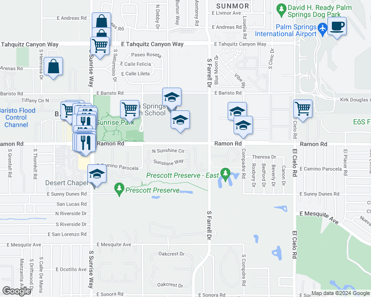 map of restaurants, bars, coffee shops, grocery stores, and more near 2256 North Sunshine Circle in Palm Springs