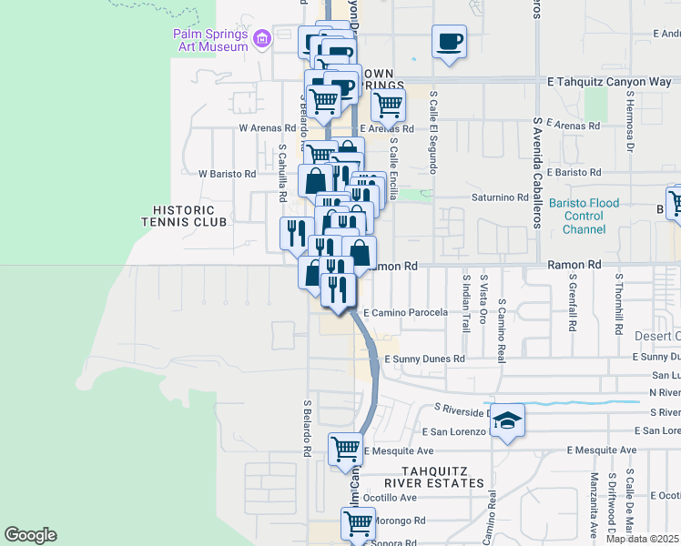 map of restaurants, bars, coffee shops, grocery stores, and more near 478 California 111 Business in Palm Springs
