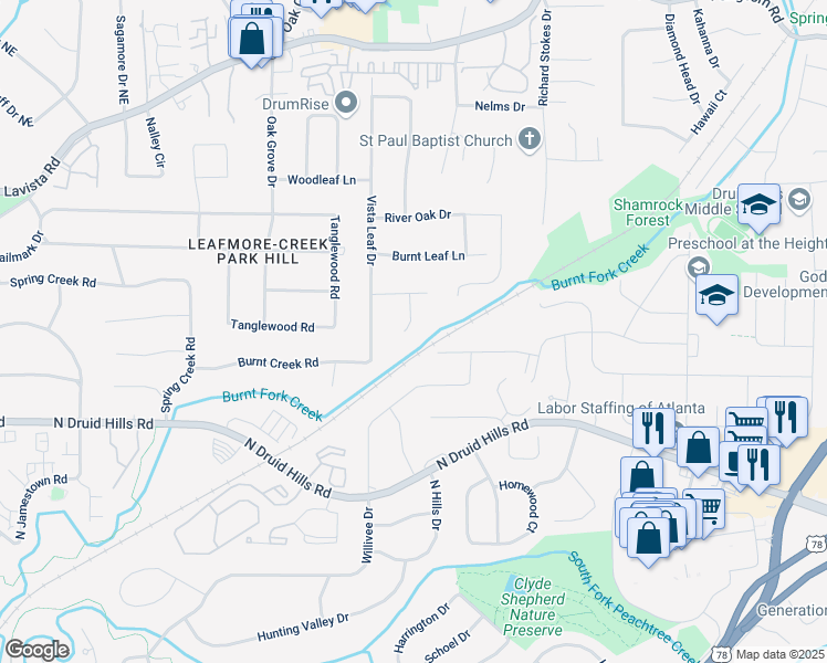 map of restaurants, bars, coffee shops, grocery stores, and more near 1243 Williamswood Pointe in Decatur