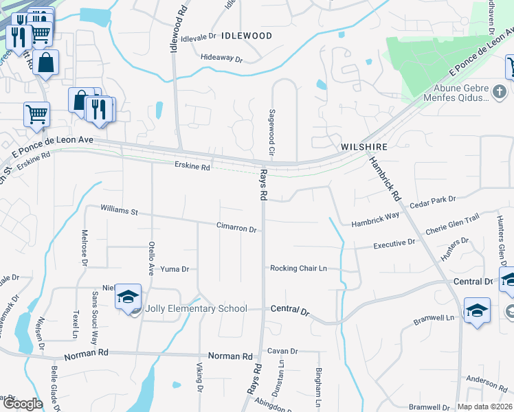 map of restaurants, bars, coffee shops, grocery stores, and more near 1228 Rays Road in Stone Mountain