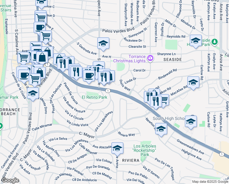 map of restaurants, bars, coffee shops, grocery stores, and more near 5816 South Pacific Coast Highway in Redondo Beach