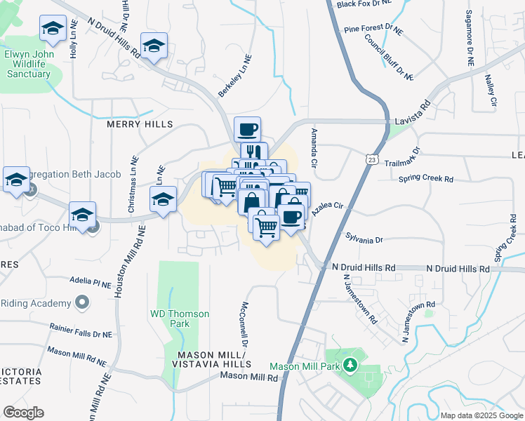 map of restaurants, bars, coffee shops, grocery stores, and more near 2935 North Druid Hills Road Northeast in Atlanta