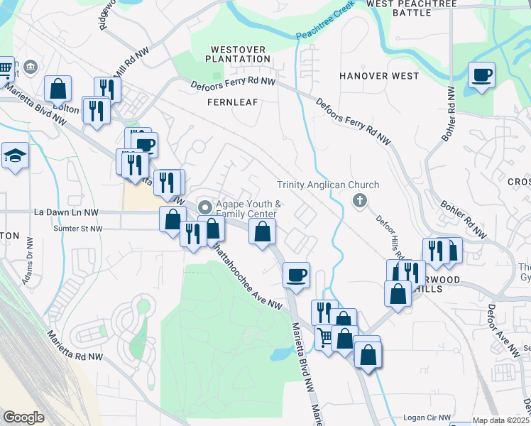 map of restaurants, bars, coffee shops, grocery stores, and more near 2129 Bolton Drive Northwest in Atlanta