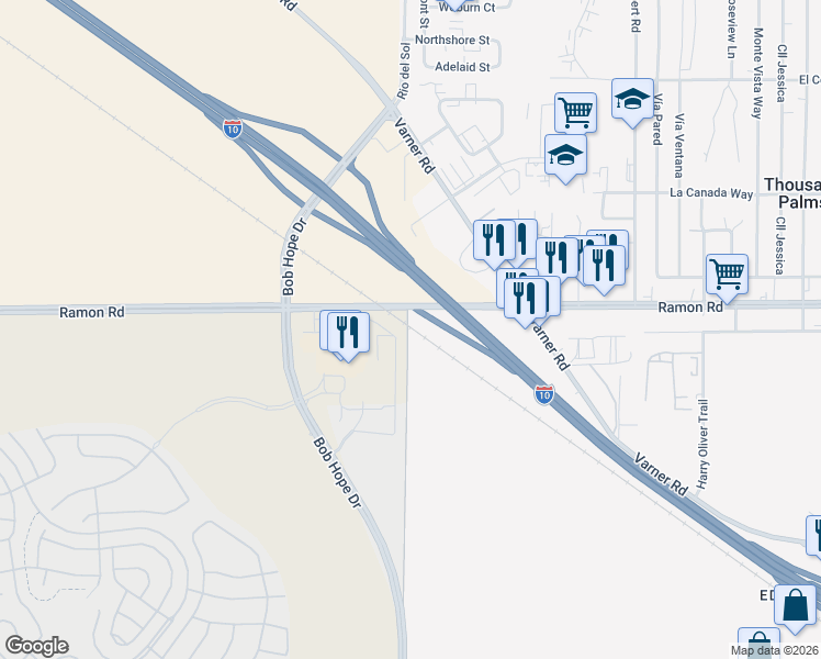 map of restaurants, bars, coffee shops, grocery stores, and more near Ramon Road in Rancho Mirage