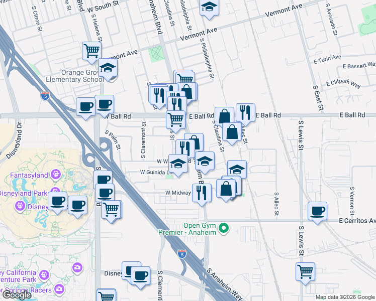 map of restaurants, bars, coffee shops, grocery stores, and more near 1325 South Anaheim Boulevard in Anaheim
