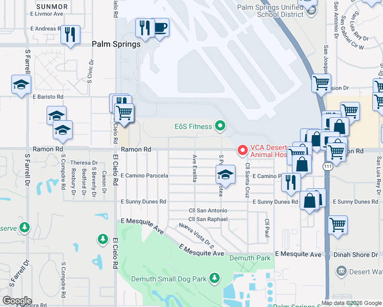 map of restaurants, bars, coffee shops, grocery stores, and more near 3845 East Ramon Road in Palm Springs