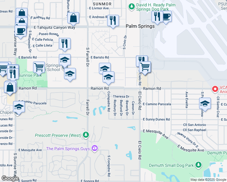 map of restaurants, bars, coffee shops, grocery stores, and more near 2900 Ramon Road in Palm Springs