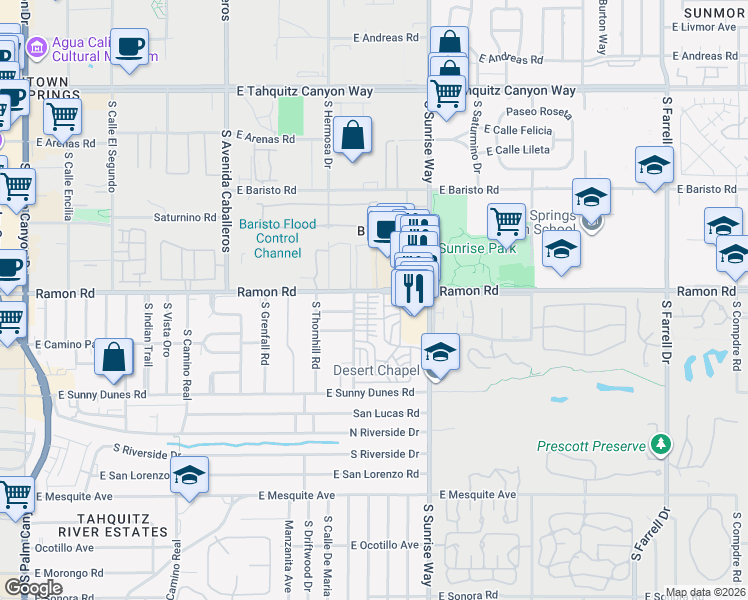 map of restaurants, bars, coffee shops, grocery stores, and more near 51 Alesandro Road in Palm Springs