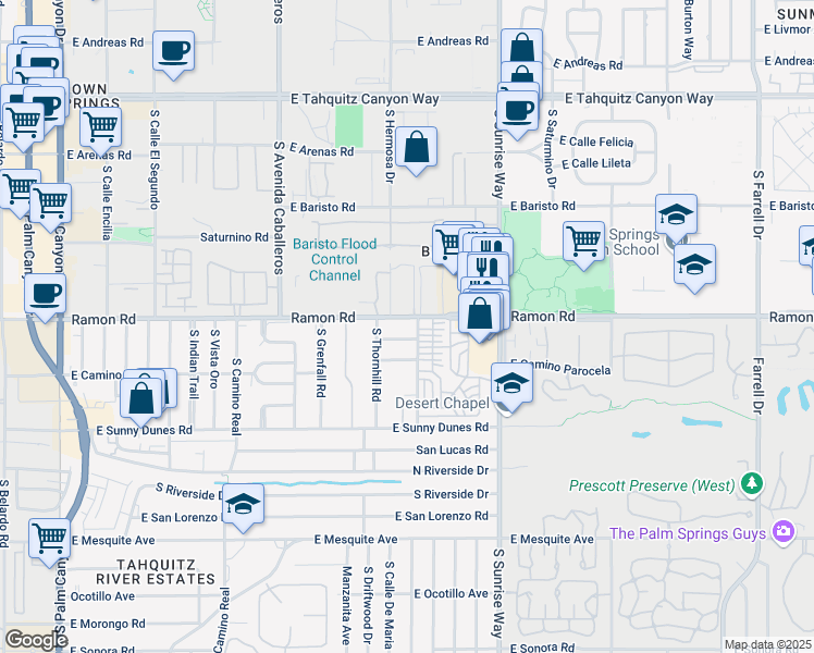 map of restaurants, bars, coffee shops, grocery stores, and more near 1397 Ramon Road in Palm Springs
