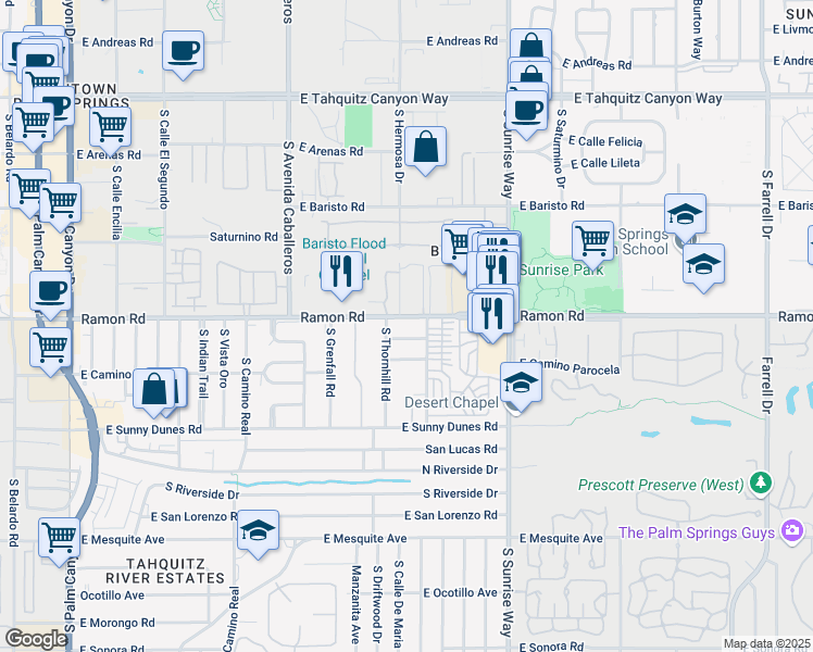 map of restaurants, bars, coffee shops, grocery stores, and more near 1397 Ramon Road in Palm Springs