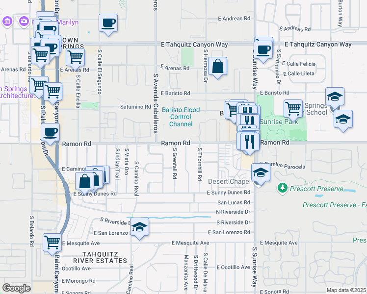 map of restaurants, bars, coffee shops, grocery stores, and more near 1050 Ramon Road in Palm Springs
