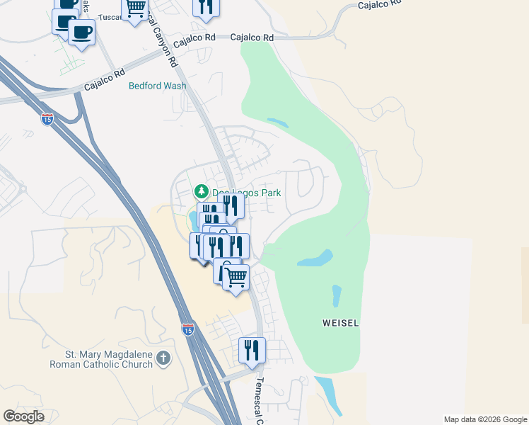 map of restaurants, bars, coffee shops, grocery stores, and more near 4321 Junction Street in Corona