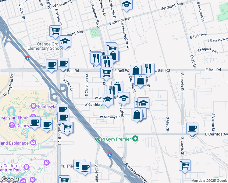 map of restaurants, bars, coffee shops, grocery stores, and more near 1311 Anaheim Boulevard in Anaheim