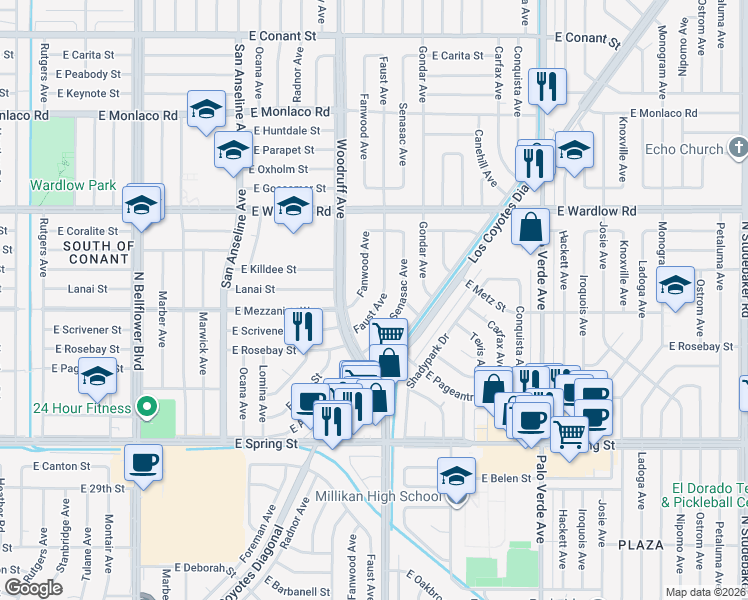 map of restaurants, bars, coffee shops, grocery stores, and more near 3226 Faust Avenue in Long Beach