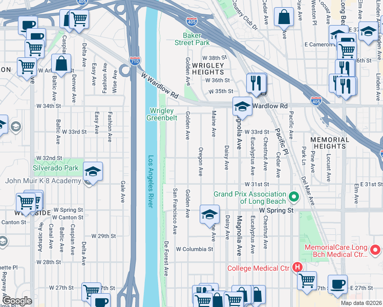 map of restaurants, bars, coffee shops, grocery stores, and more near 3225 Oregon Avenue in Long Beach
