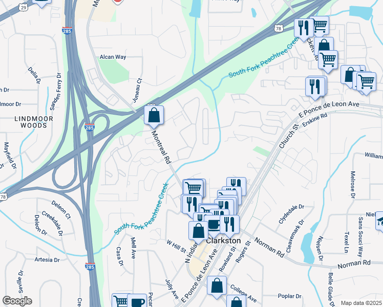 map of restaurants, bars, coffee shops, grocery stores, and more near 3604 Montreal Creek Circle in Clarkston