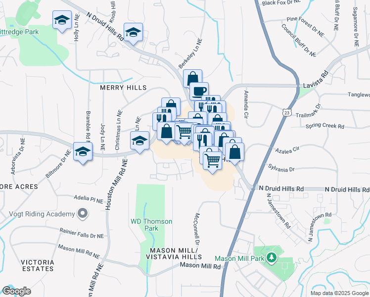 map of restaurants, bars, coffee shops, grocery stores, and more near 2203 Lavista Road Northeast in Atlanta