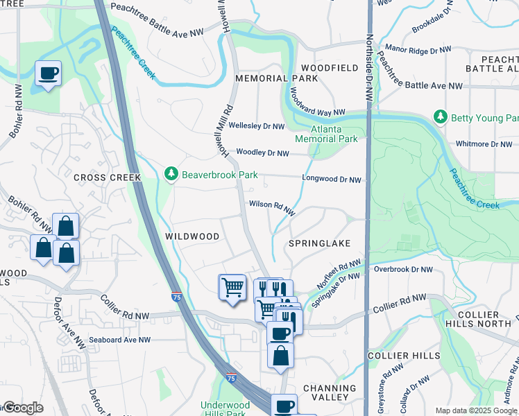 map of restaurants, bars, coffee shops, grocery stores, and more near 820 Wilson Road Northwest in Atlanta