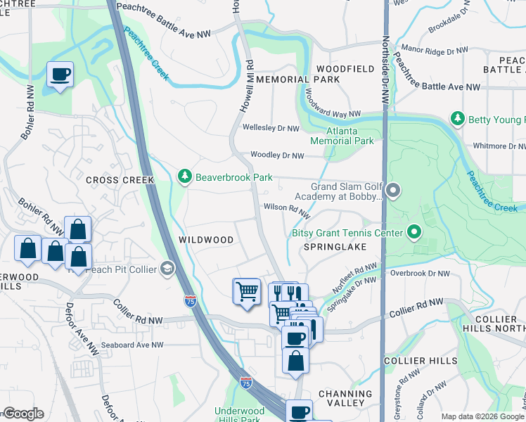 map of restaurants, bars, coffee shops, grocery stores, and more near in Atlanta