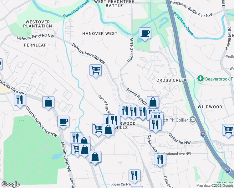 map of restaurants, bars, coffee shops, grocery stores, and more near 2160 Hills Avenue Northwest in Atlanta