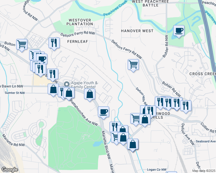 map of restaurants, bars, coffee shops, grocery stores, and more near 3002 Liberty Way Northwest in Atlanta